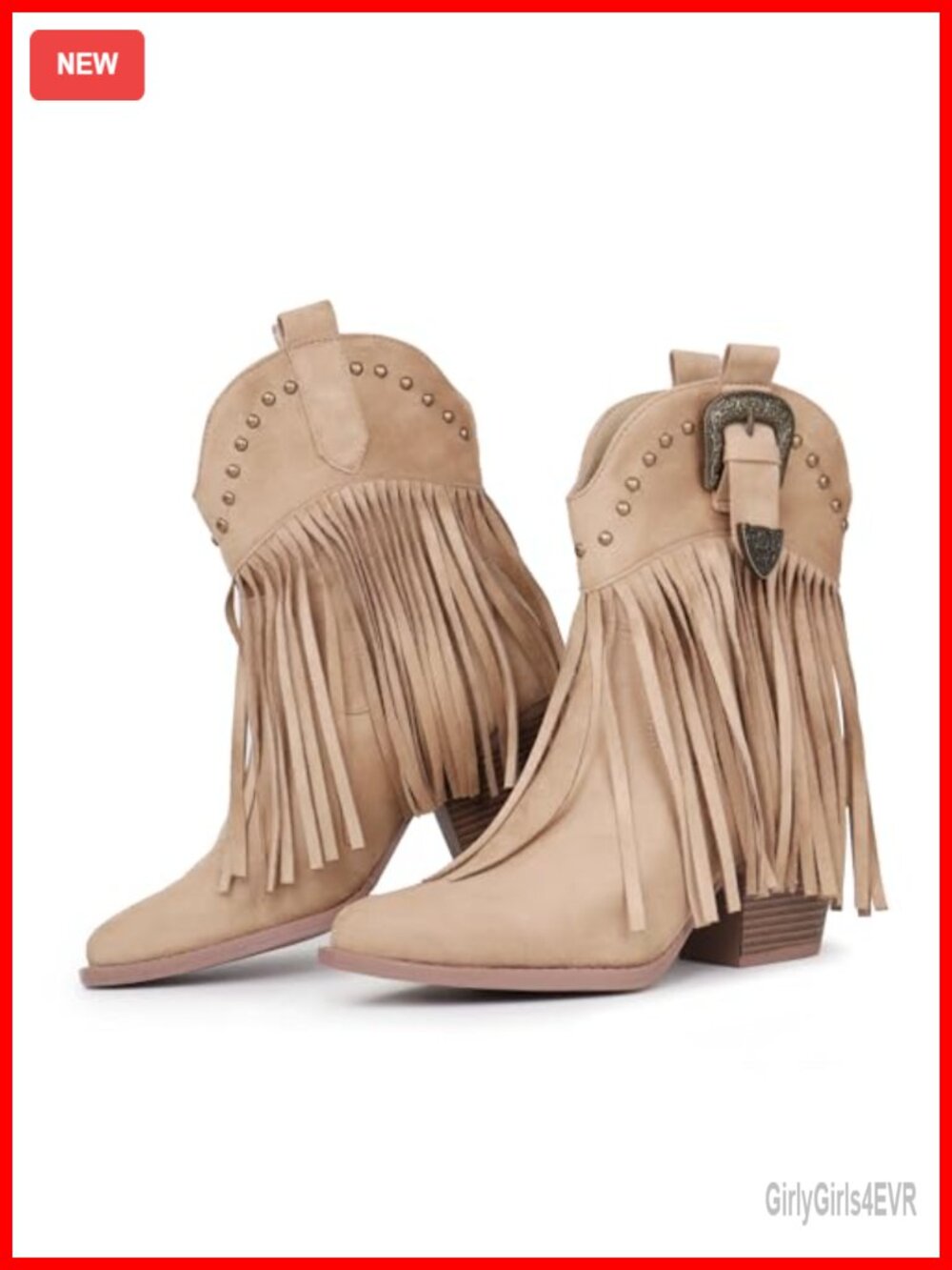 Western Ankle Booties with Fringe and Studded Accents Block Heel Suede